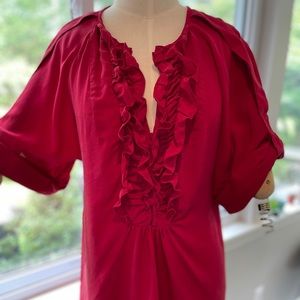 Nanette Lepore Red Dynasty Top 100% Silk Tunic Short Sleeve V-Neck Ruffle 6 EUC